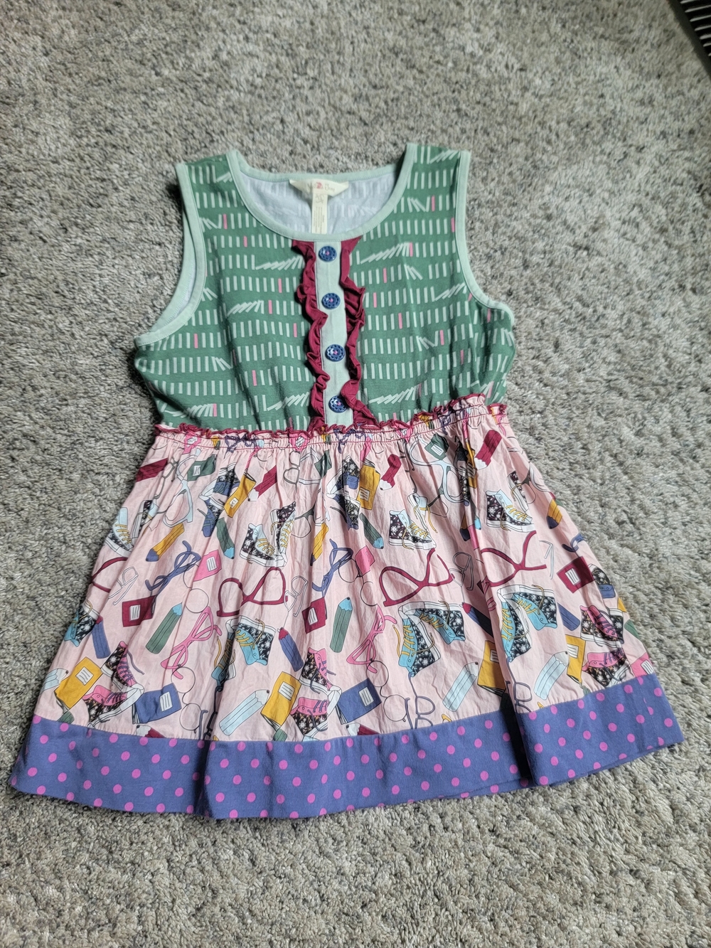 Matilda Jane Green and Pink Patterned Girls Sleeveless Dress with Purple Trim 12